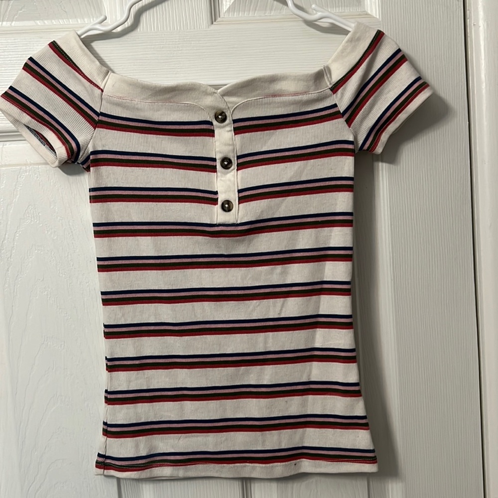 White off the shoulder top with colorful stripes, size small